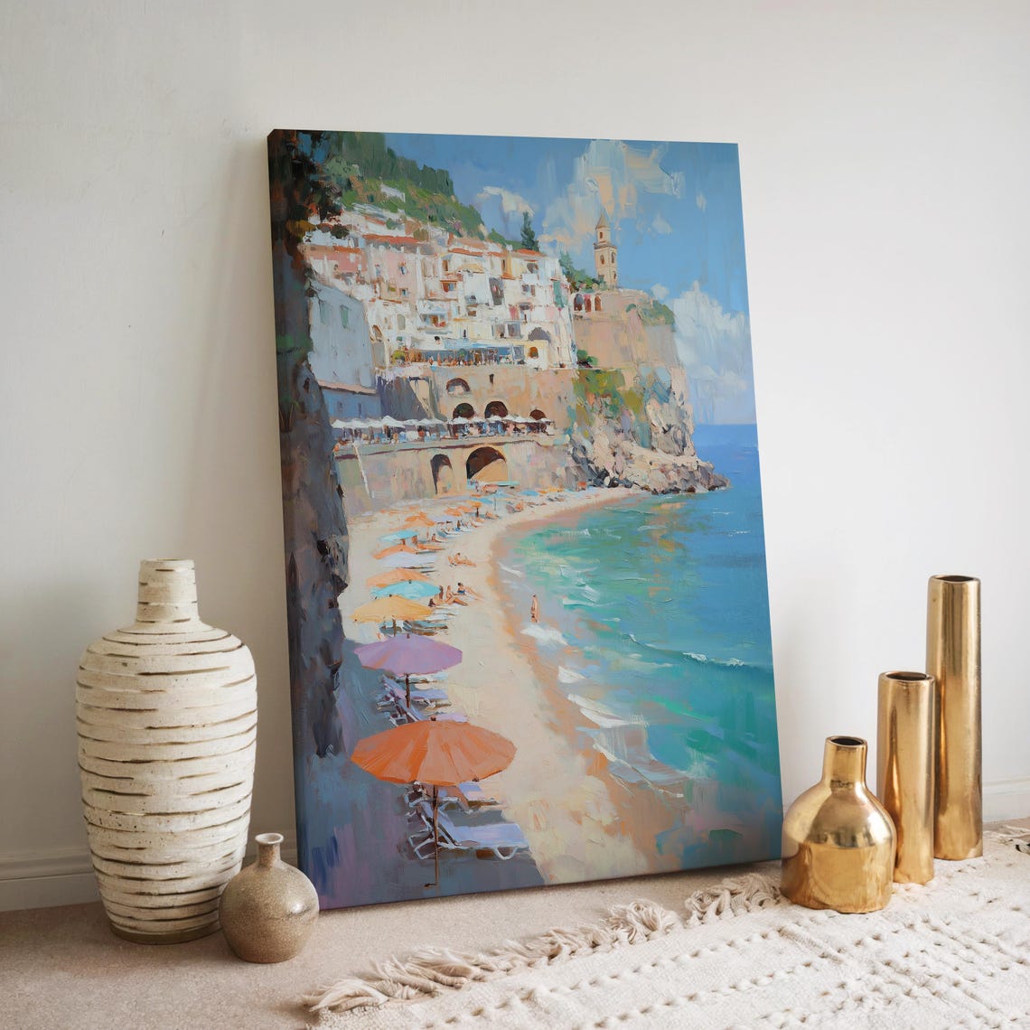 Amalfi Style Coastal Town Beach Painting Turquoise Water Wall Art