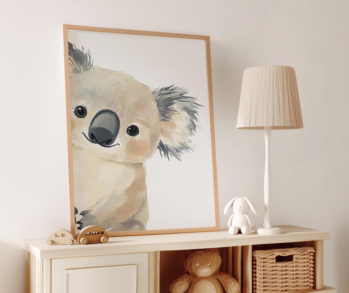 Cute Smiling Watercolor Koala Nursery Wall Art Fluffy Baby Animal - Image 3