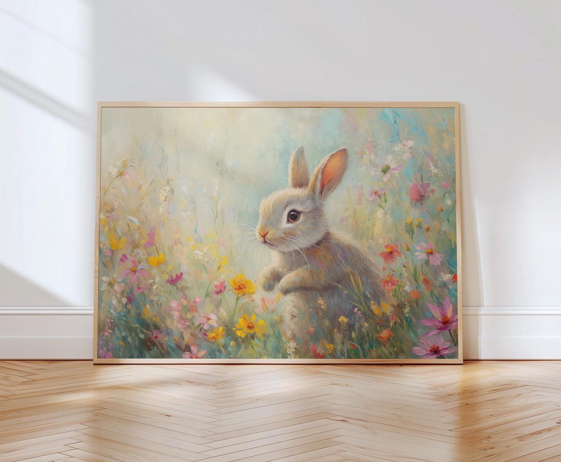 Playful Gray Bunny in a Bright Wildflower Meadow Scene Art Poster