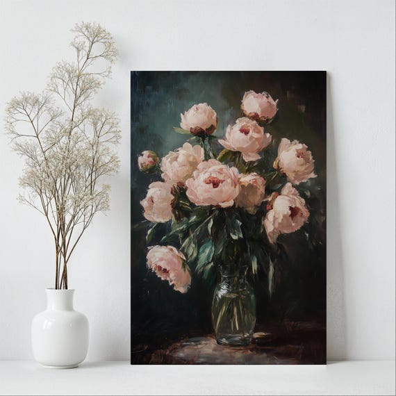 Peony Painting Wall Art Vintage Floral Painting Print Floral Oil Painting Wall Decor Moody Dark Flower Print Burgundy Flower Art