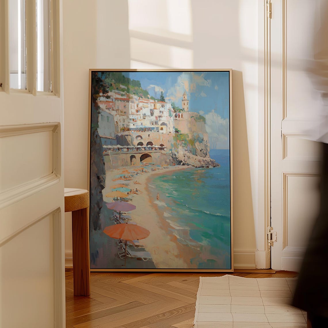 Amalfi Style Coastal Town Beach Painting Turquoise Water Wall Art - Image 4