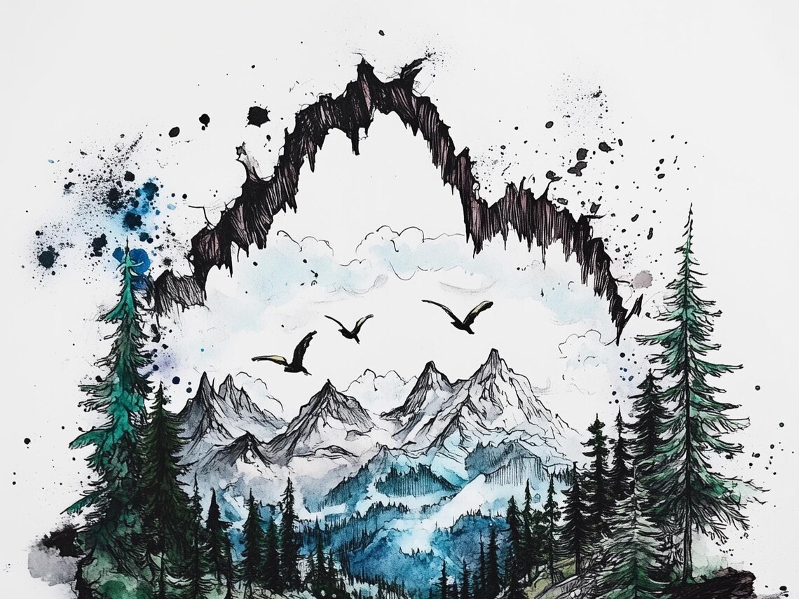 Ink And Watercolor Mountain Landscape, Scenic River - Image 4