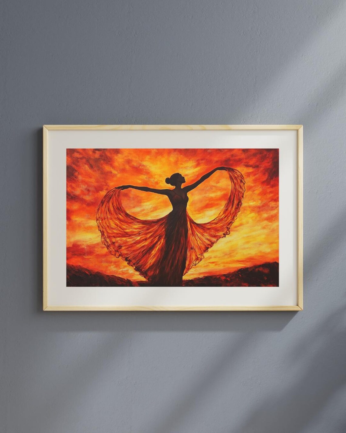 Fiery Sunset Dance Silhouette, Graceful Woman Wall Art