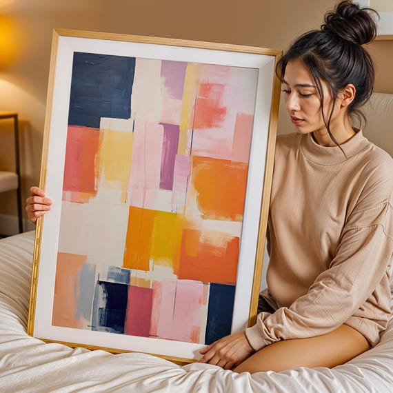 Color Blocks Rothko Style Abstract Wall Art Bold Modern Print In Orange Pink Navy Contemporary Poster For Home