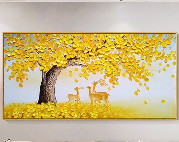 Abstract Yellow Tree and Sika Deer Spring Art Print