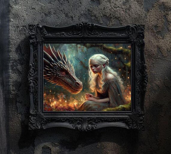 Targaryen Girl Dragon In Forest House Of The Inspired Game Thrones Watercolor Painting Dark Fantasy Art Portrait Poster Print
