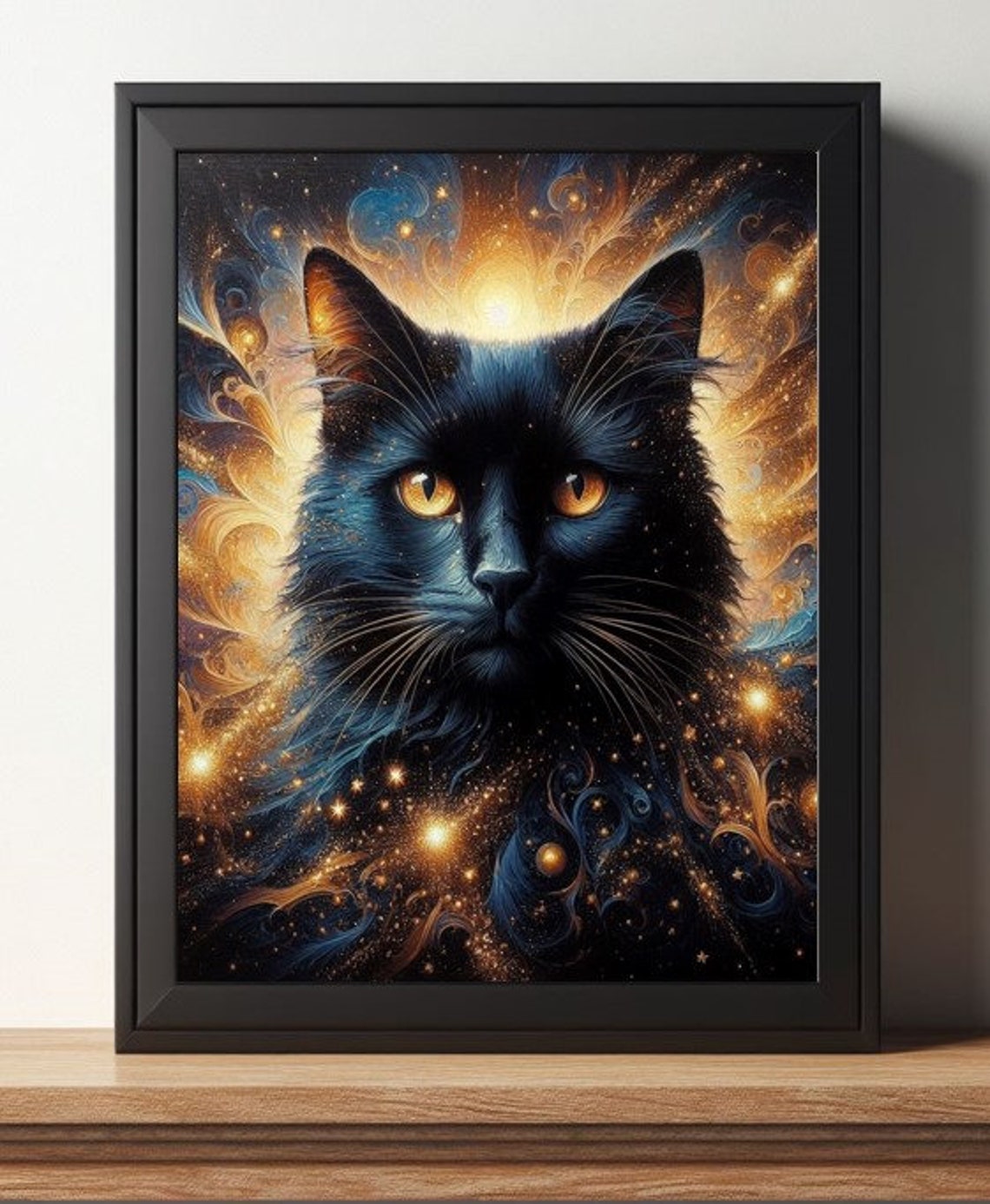 Black Cat Under A Starry Gold And Indigo Cosmic Night Sky Print