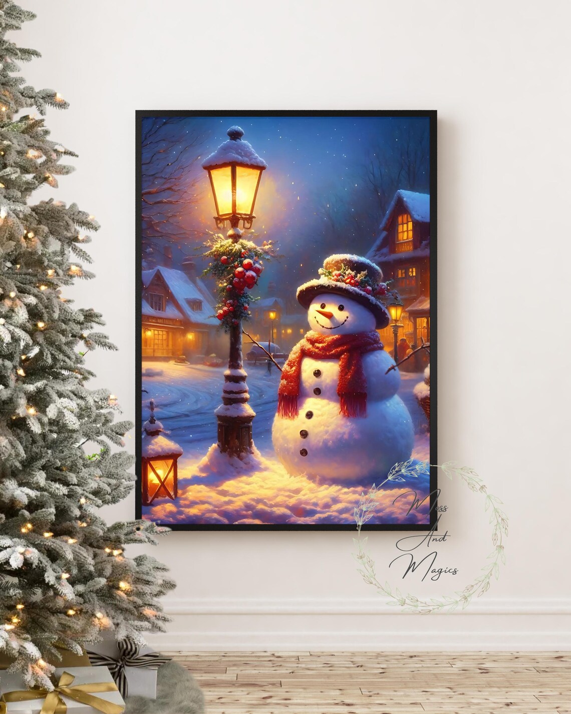 Snowman by Lamppost in a Glowing Snowy Village Christmas Poster