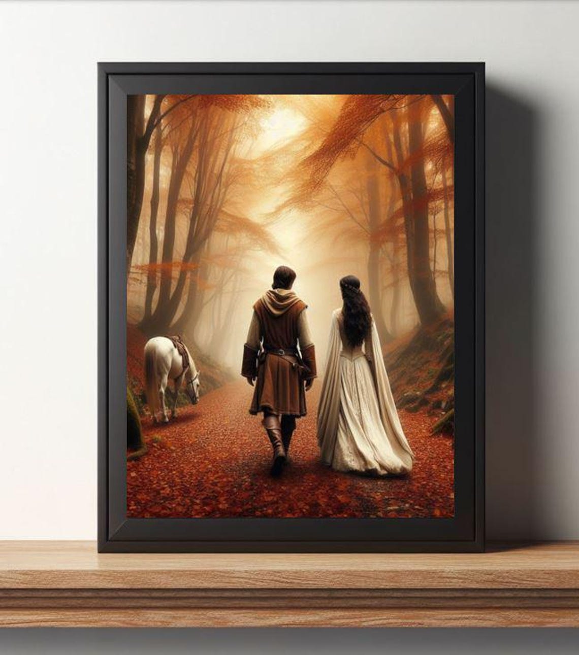 Fantasy Couple Walking Through An Autumn Forest Painting Print