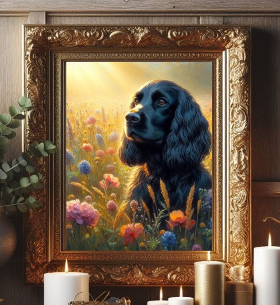 Black Cocker Spaniel Puppy in Golden Wildflower Field Dog Poster