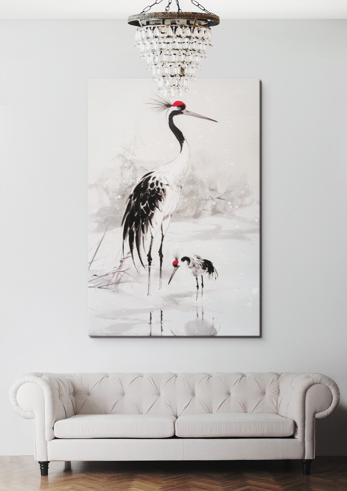 Traditional Japanese Crane Art Print, Monochrome