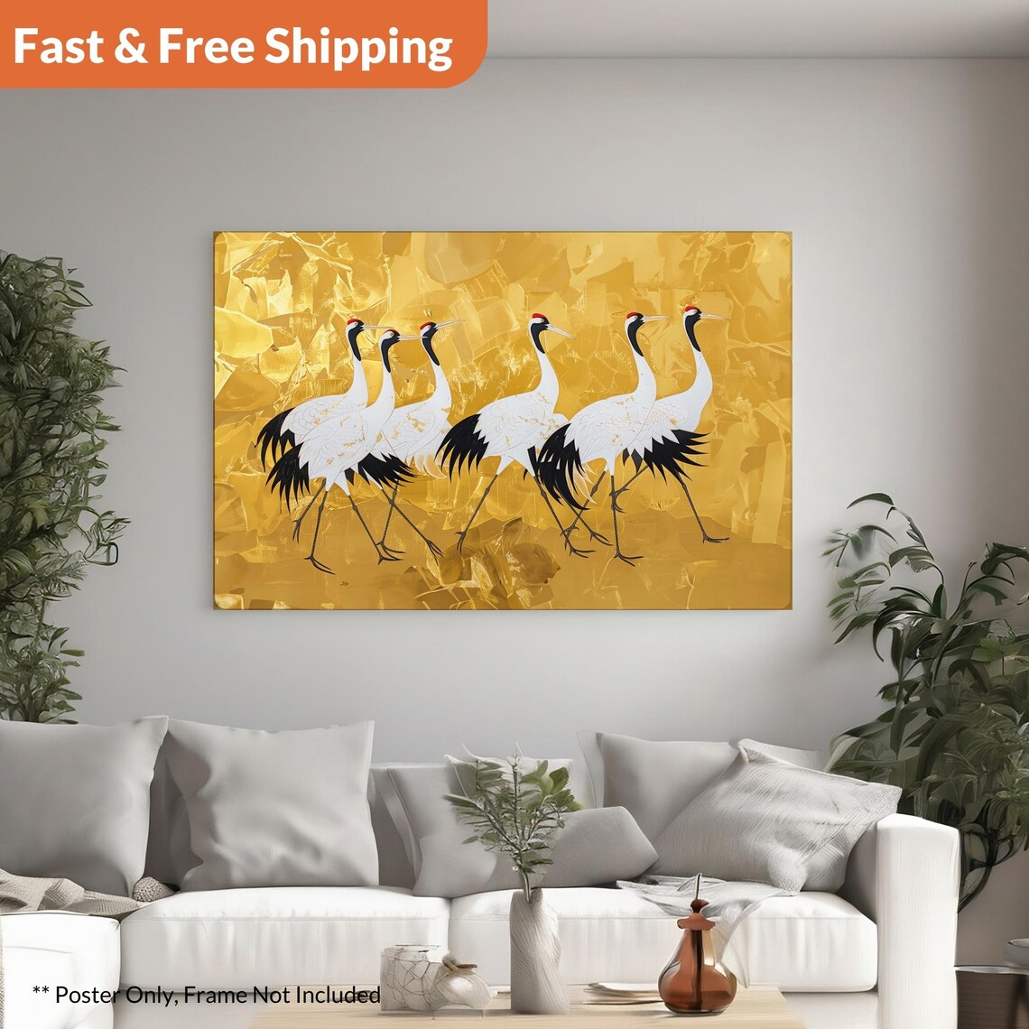 Japanese Kano Motonobu Style Gold Cranes Art Print - Image 2