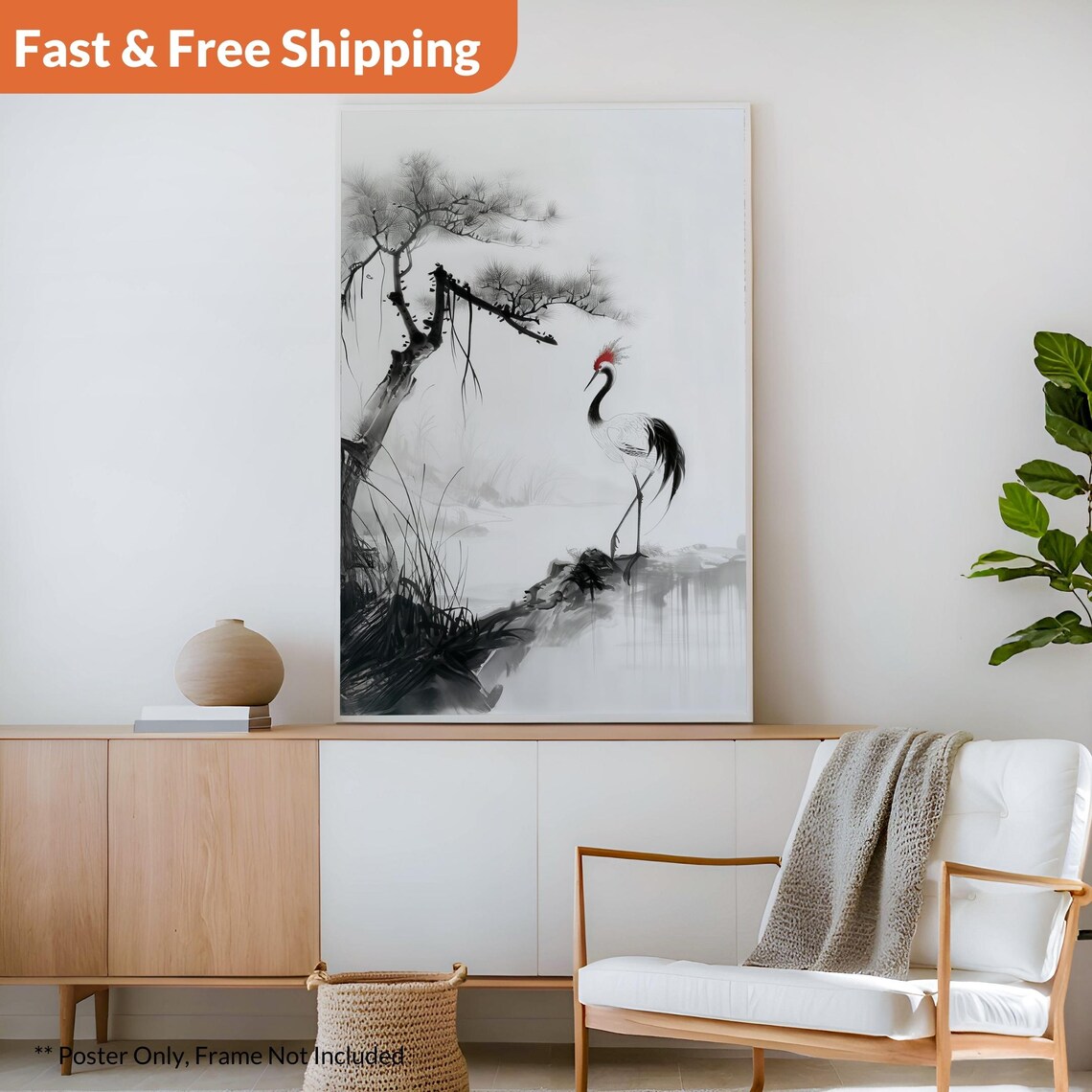 Japanese Kano Motonobu Crane Poster, Asian Landscape - Image 2