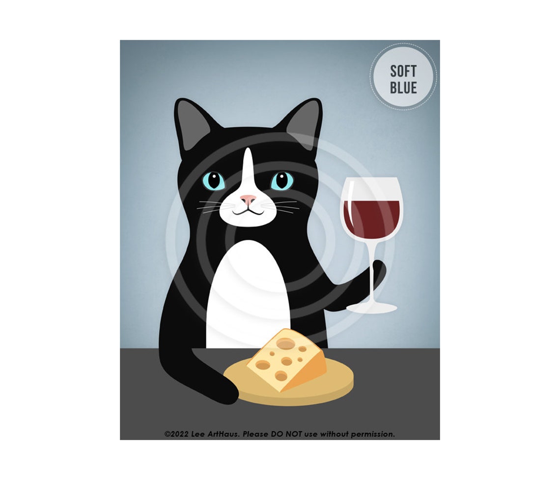 Black And White Cat Drinking Red Wine Cheese Funny Cat Wall Art Poster - Image 3
