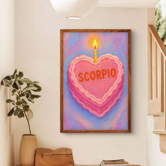 Scorpio Birthday Wall Art Zodiac Cake Print Astrology Candle Poster Pink Heart Artwork For Home Decor