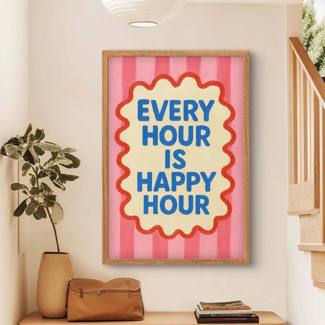 Every Hour Is Happy Hour Pink Blue Retro Quote Art Wall Poster