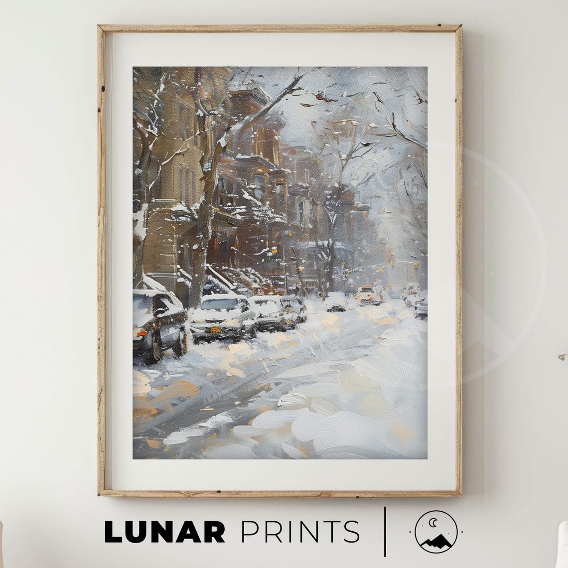 Winter City Street, Snowy Urban Scene Art Print