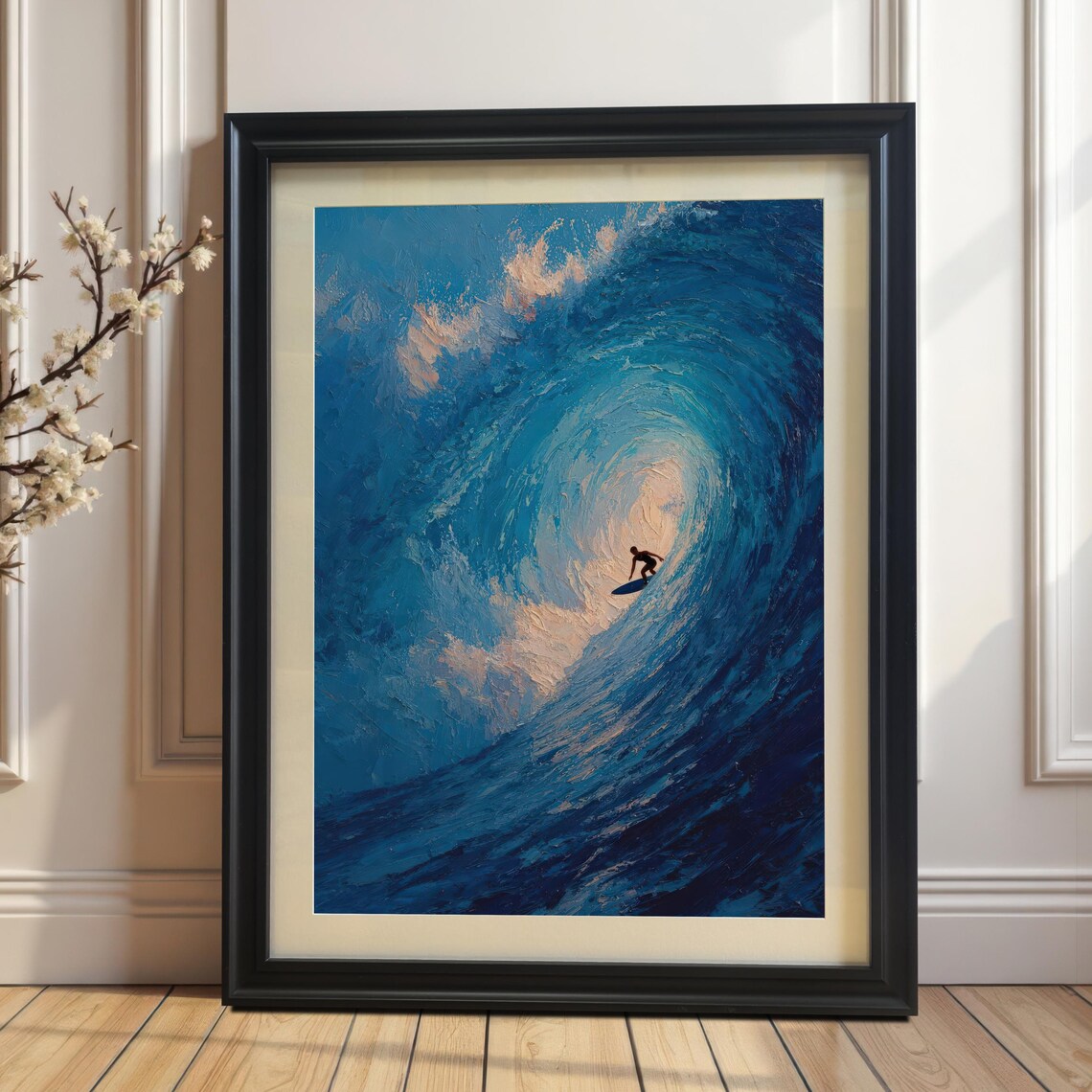 Surfer Riding Giant Barrel Wave Blue Oil Painting Sports Poster