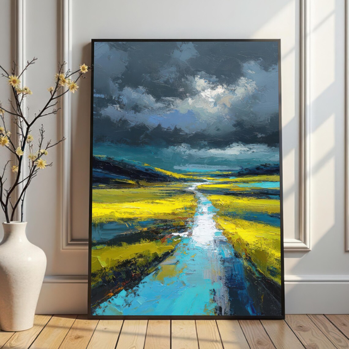 Dramatic Meadow Stream Moody Stormy Sky Landscape Painting Poster