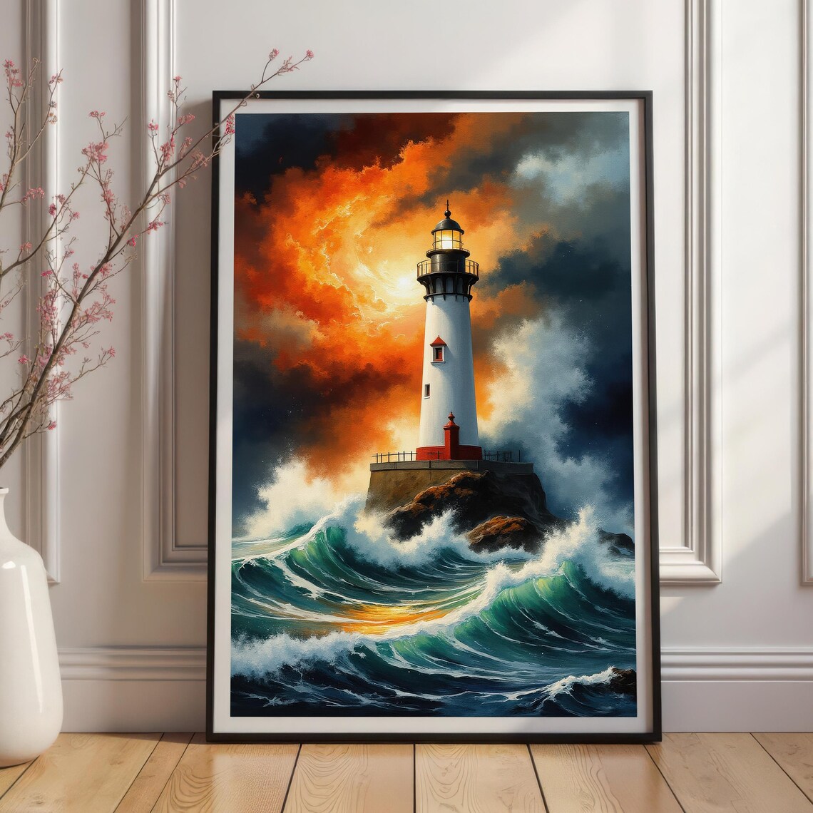 Lighthouse in Storm Waves Fiery Orange Sunset Seascape Oil Poster