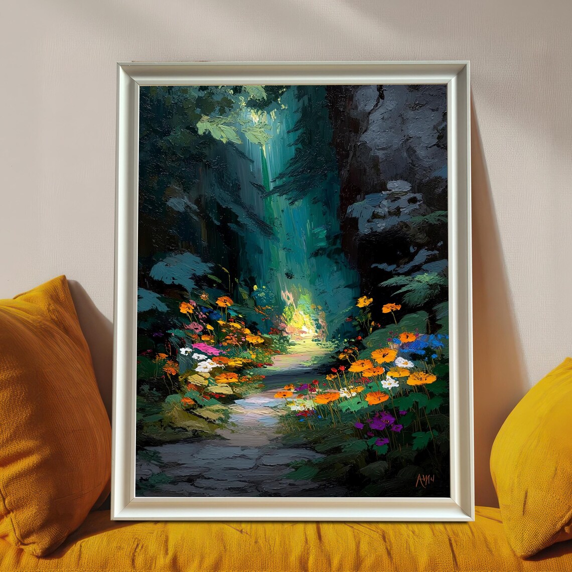 Enchanted Forest Path Wildflower Painting Impasto Style Art Print
