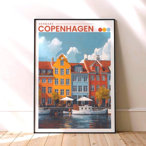 Copenhagen Travel Poster Nyhavn Harbour Denmark Wall Art Scandinavian Print