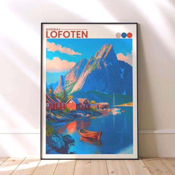 Lofoten Norway Fjords Retro Travel Scenic Art Illustration Poster
