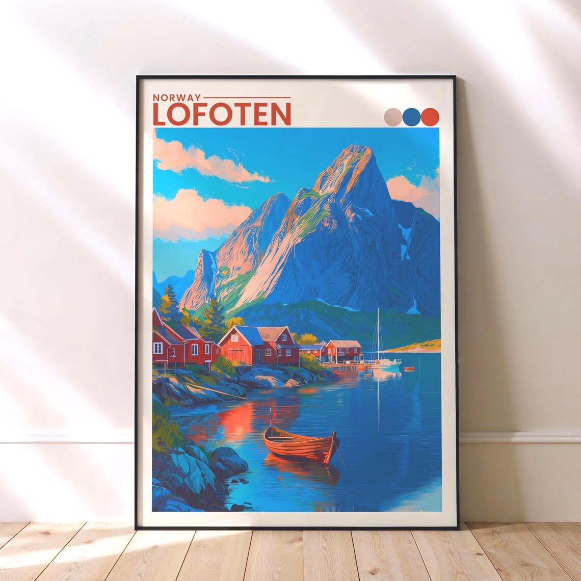 Lofoten Norway Fjords Retro Travel Scenic Art Illustration Poster