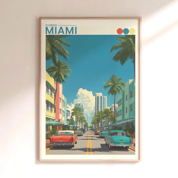Miami Art Deco Travel Poster South Beach Florida Print