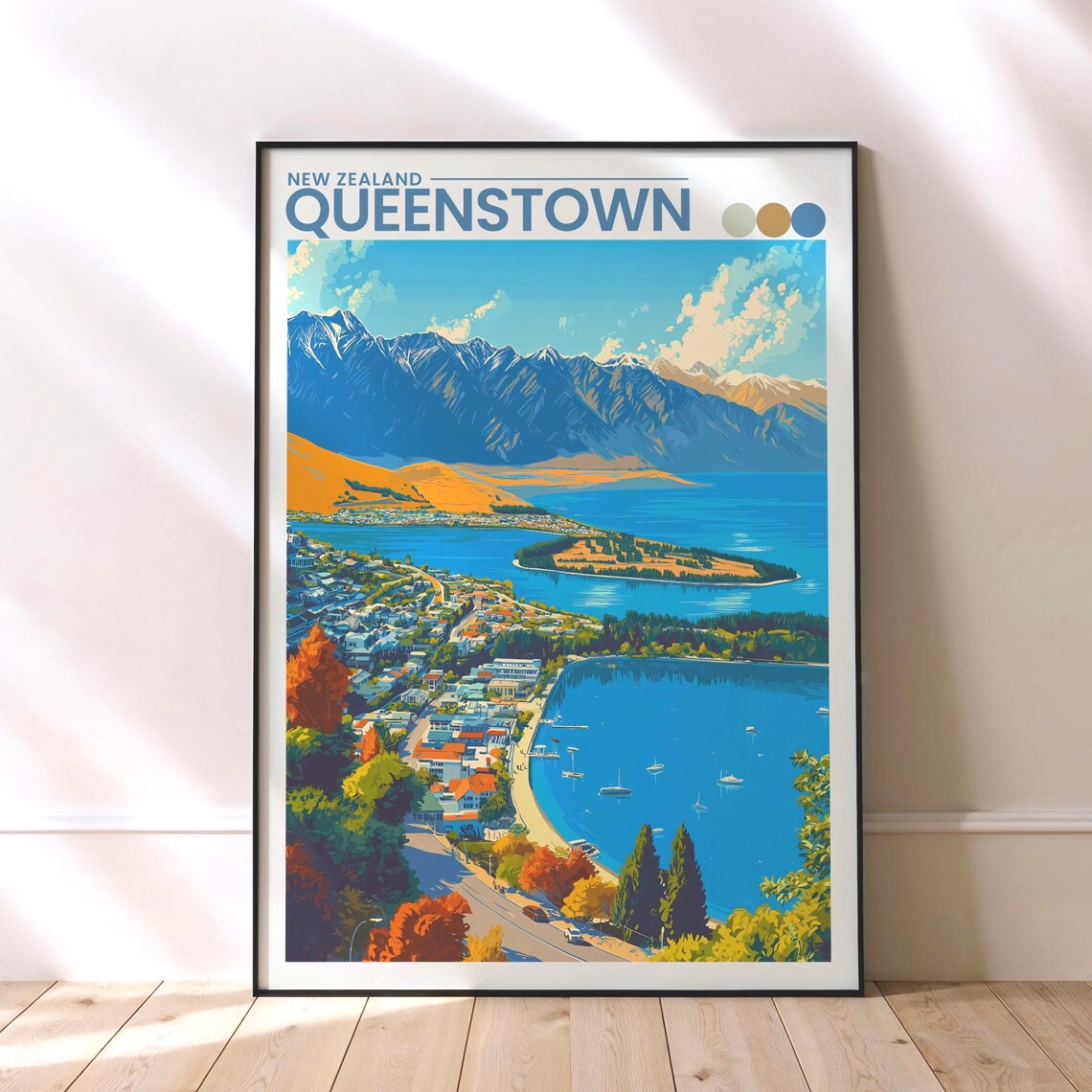 Queenstown Travel Poster, Lake Wakatipu Landscape