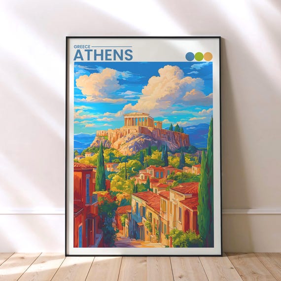 Athens Travel Poster Greece Wall Art Acropolis Print Mediterranean Cityscape Home Decor
