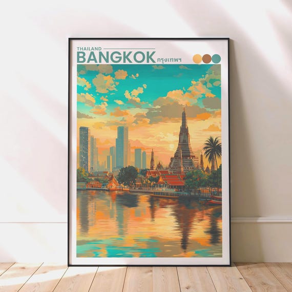 Bangkok Travel Poster Wat Arun Thailand Temple Print Wall Art