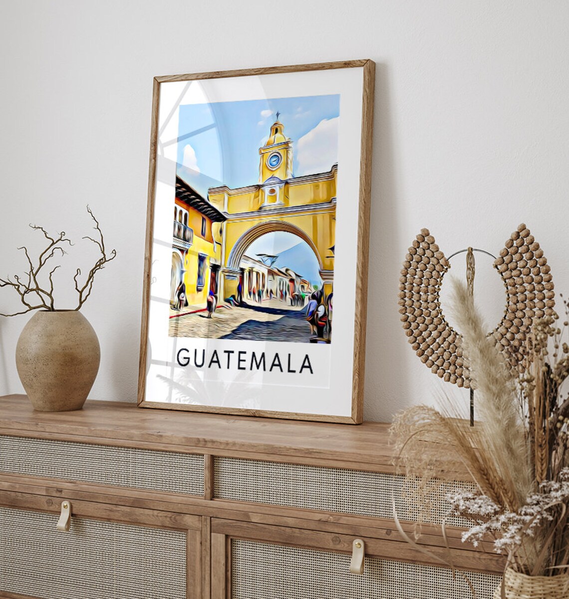 Guatemala Antigua Yellow Arch Clock Tower Daytime Street Poster - Image 2