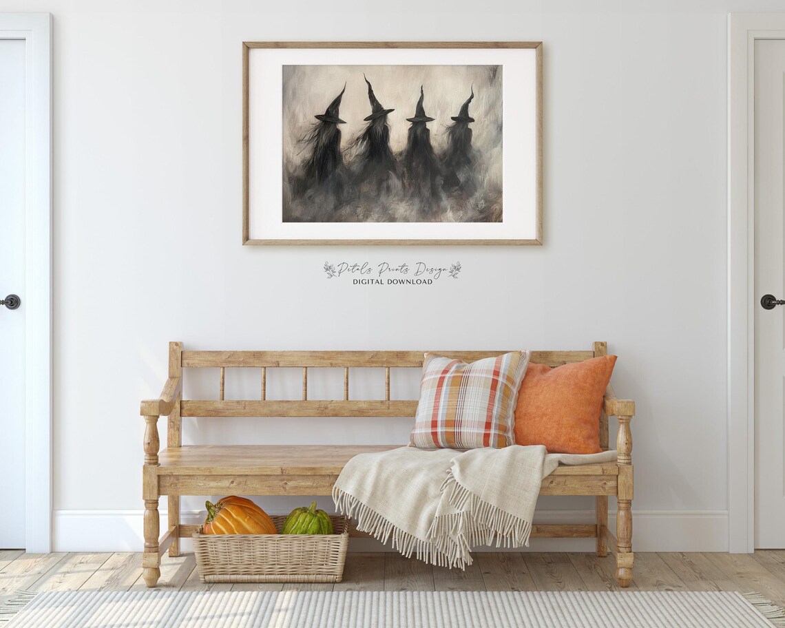 Four Witch Silhouettes In Misty Night Dark Halloween Painting Poster - Image 3