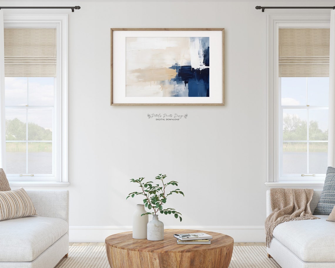 Neutral Beige Navy Abstract Brushstroke Minimalist Art Poster - Image 2