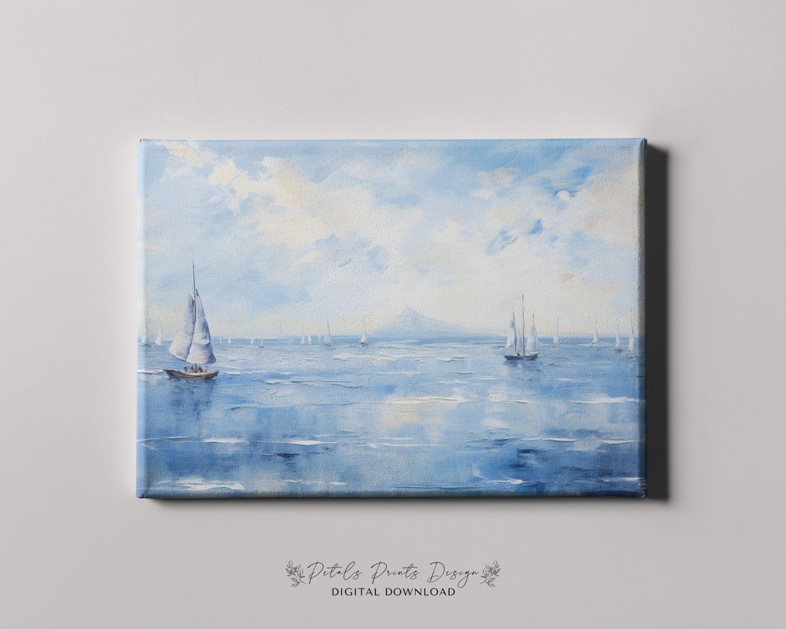 Blue Seascape Sailboats Watercolor Distant Mountain Horizon Poster - Image 4