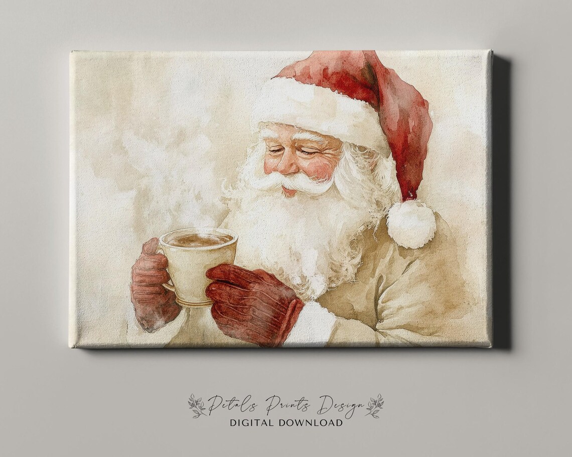 Santa Claus Savoring Hot Cocoa in Soft Neutral Watercolor Art Poster - Image 4