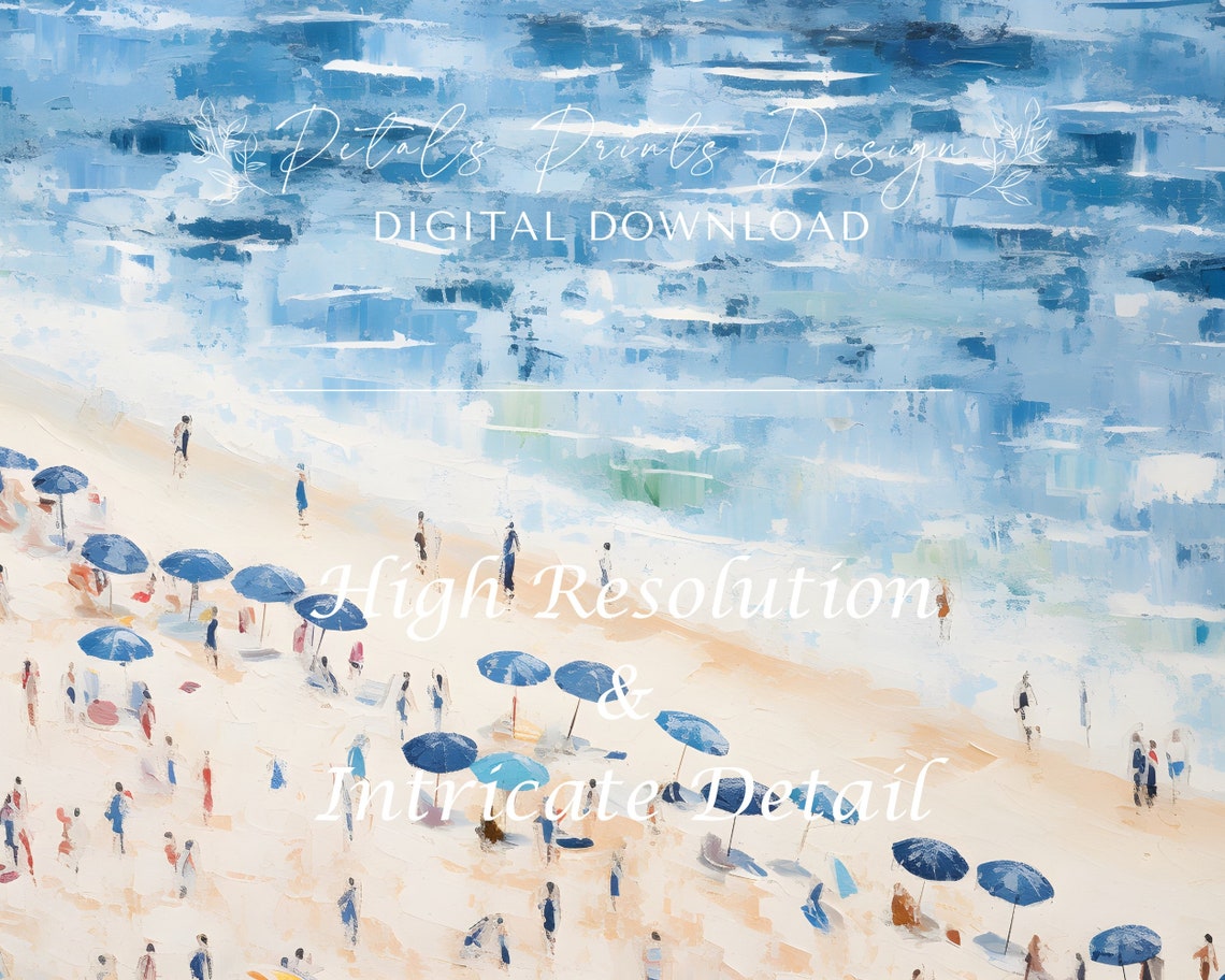 Aerial Beach Blue Umbrellas Sandy Shore Summer People Art Poster - Image 3