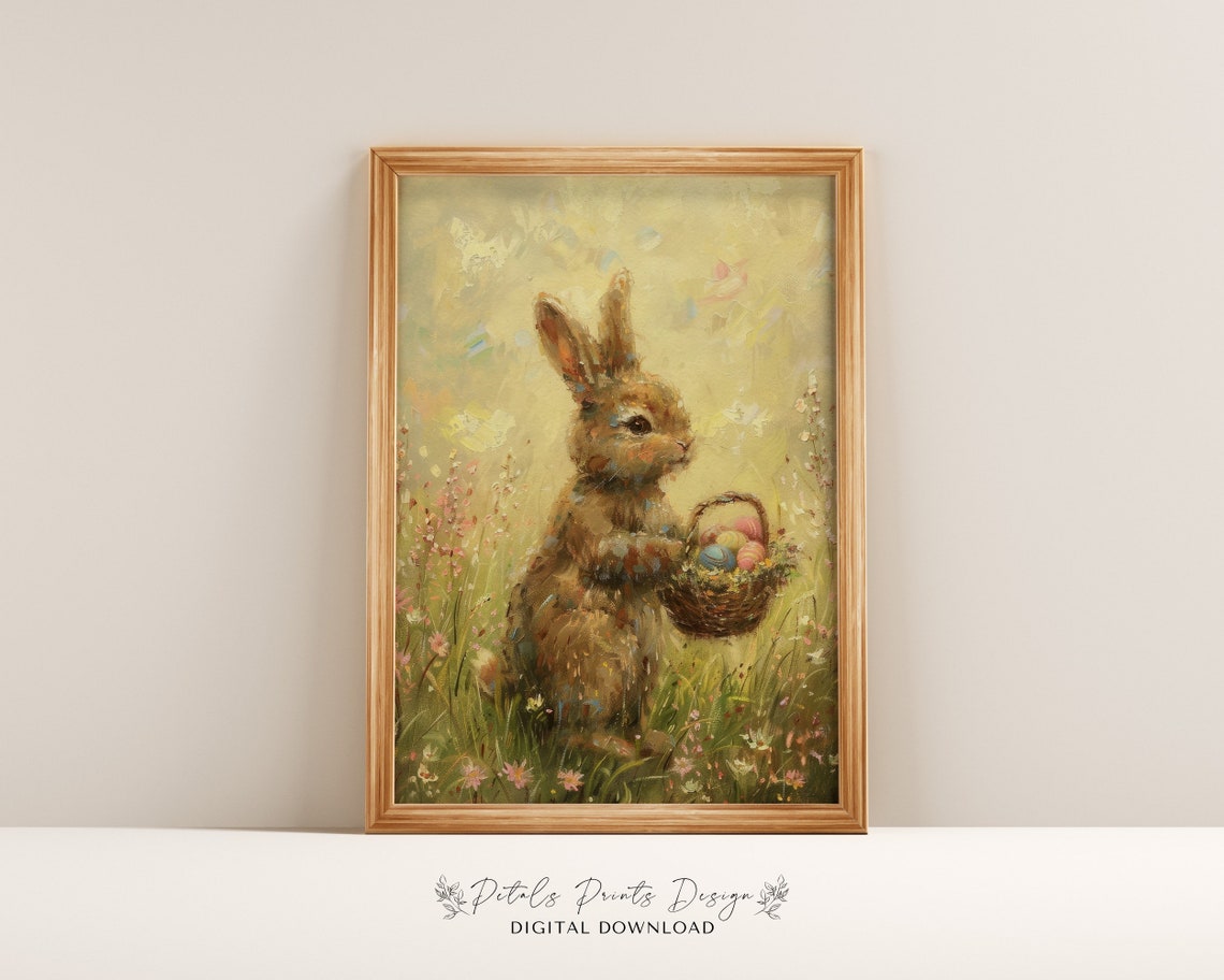 Brown Bunny with Easter Egg Basket Sunny Wildflower Meadow Poster