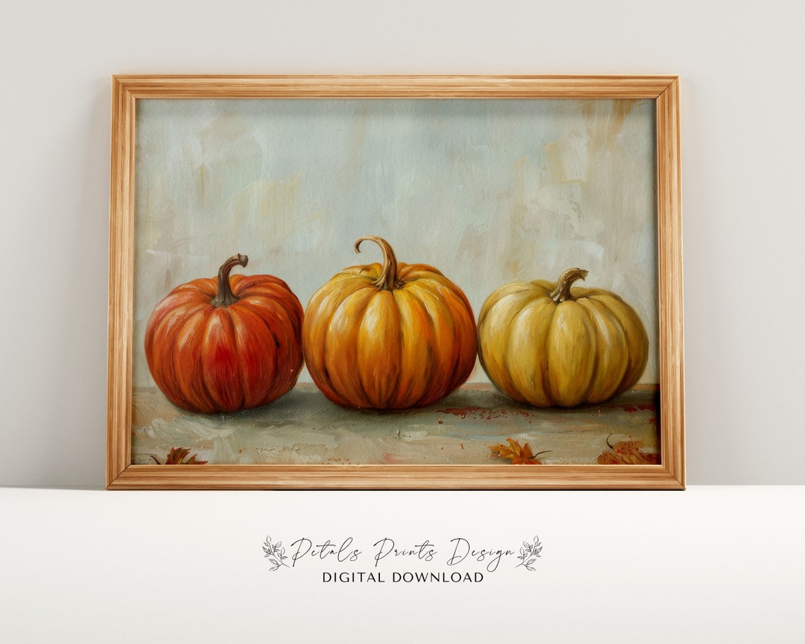 Pumpkin Trio Stone Ledge Autumn Leaves Rustic Fall Art Print