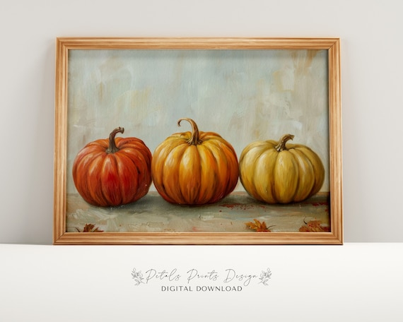Pumpkin Trio Stone Ledge Autumn Leaves Rustic Fall Art Print