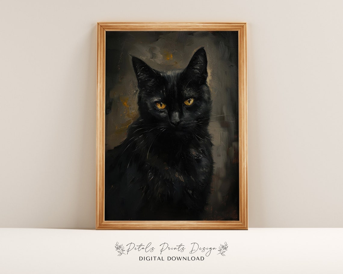Black Cat Yellow Eyes Close Up Dark Portrait Gothic Art Print