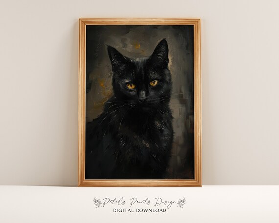 Black Cat Yellow Eyes Close Up Dark Portrait Gothic Art Print