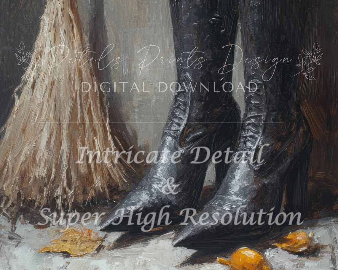 Witch Boots and Broom with Autumn Leaves Vintage Halloween Decor Poster - Image 2