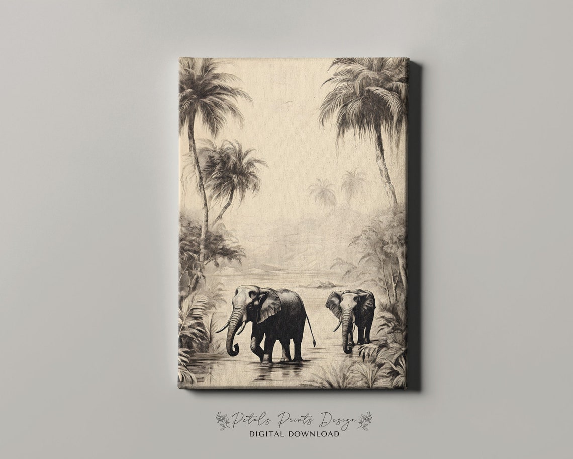 Elephants Walking in Water Monochrome Jungle Palms Wildlife Poster - Image 4