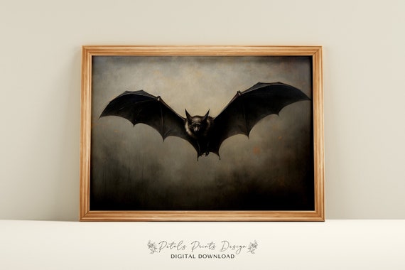 Vintage Bat Painting Rustic Halloween Wall Art