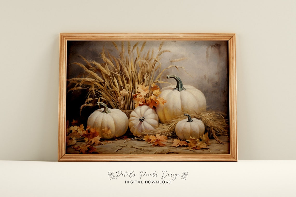 Vintage Pumpkin Still Life Painting Rustic Autumn Wall Art