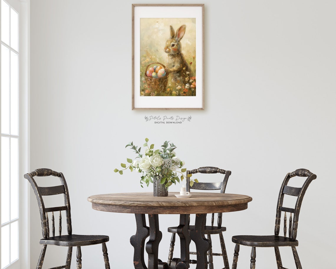 Bunny with Large Easter Egg Basket Wildflower Meadow Vintage Poster - Image 3