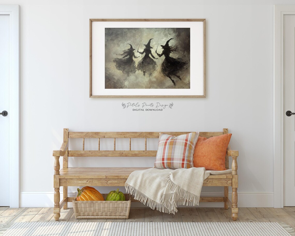 Three Witches Dancing with Wands in Smoky Dark Halloween Painting Poster - Image 3