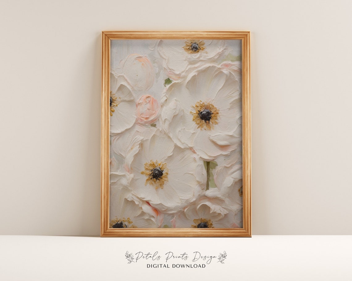 Close Up White Anemones Golden Centers Impasto Floral Poster